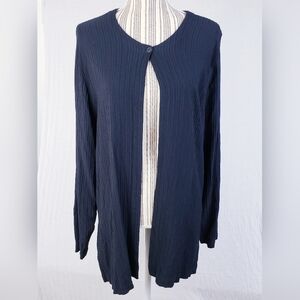 Vintage EILEEN FISHER 90s Ribbed Cardigan Duster Top Rayon Long Sleeve M Navy
